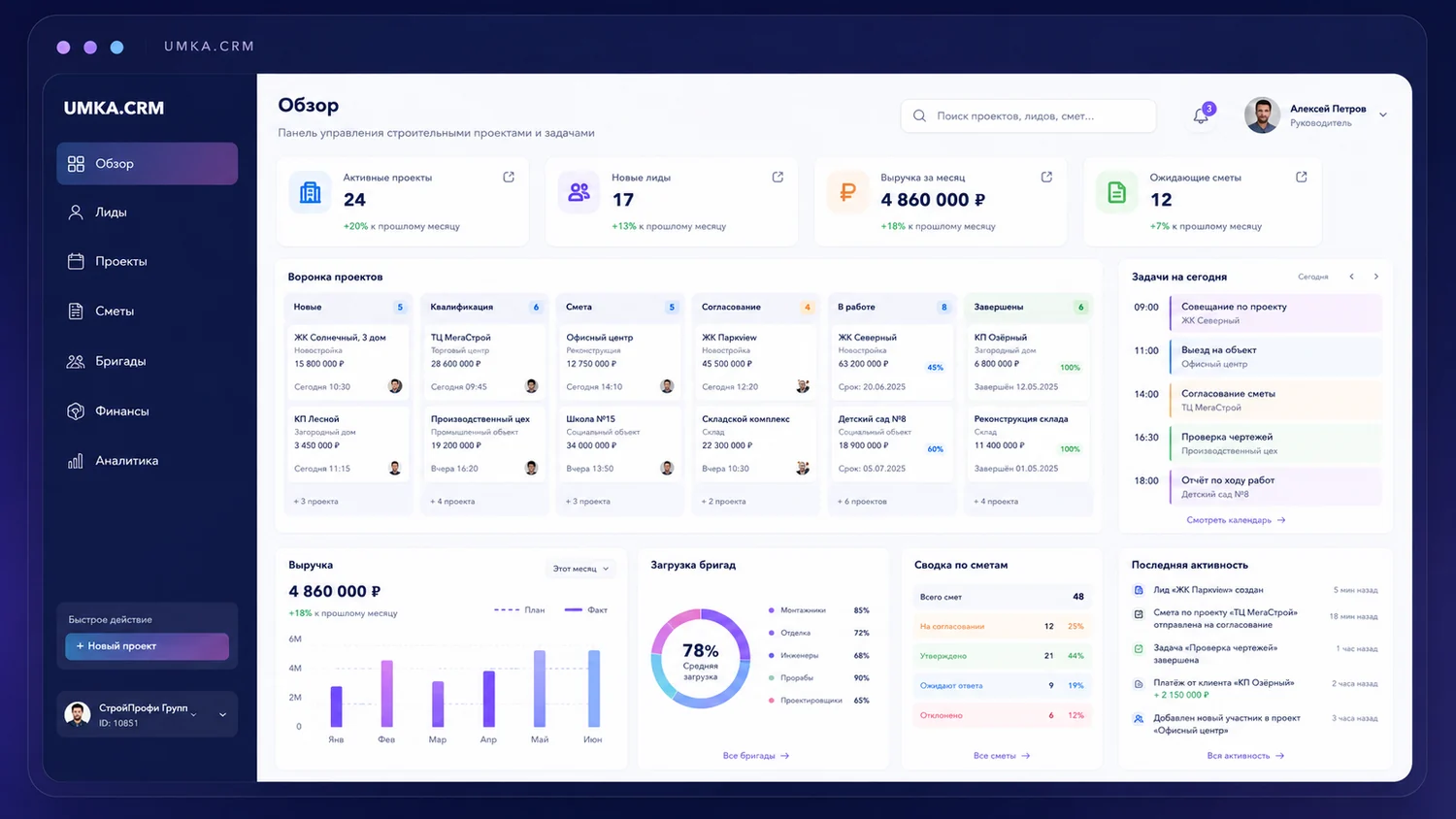 Интерфейс CRM для строительной компании